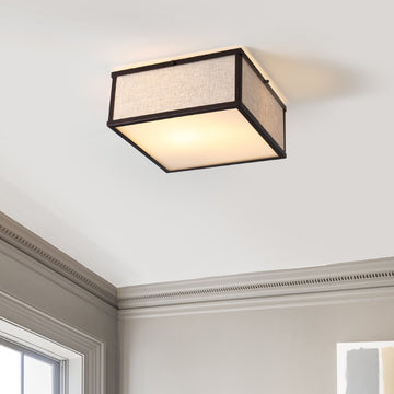 Grant 14.13" Minimalist Industrial Square Linen Iron LED Flush Mount - JONATHAN Y